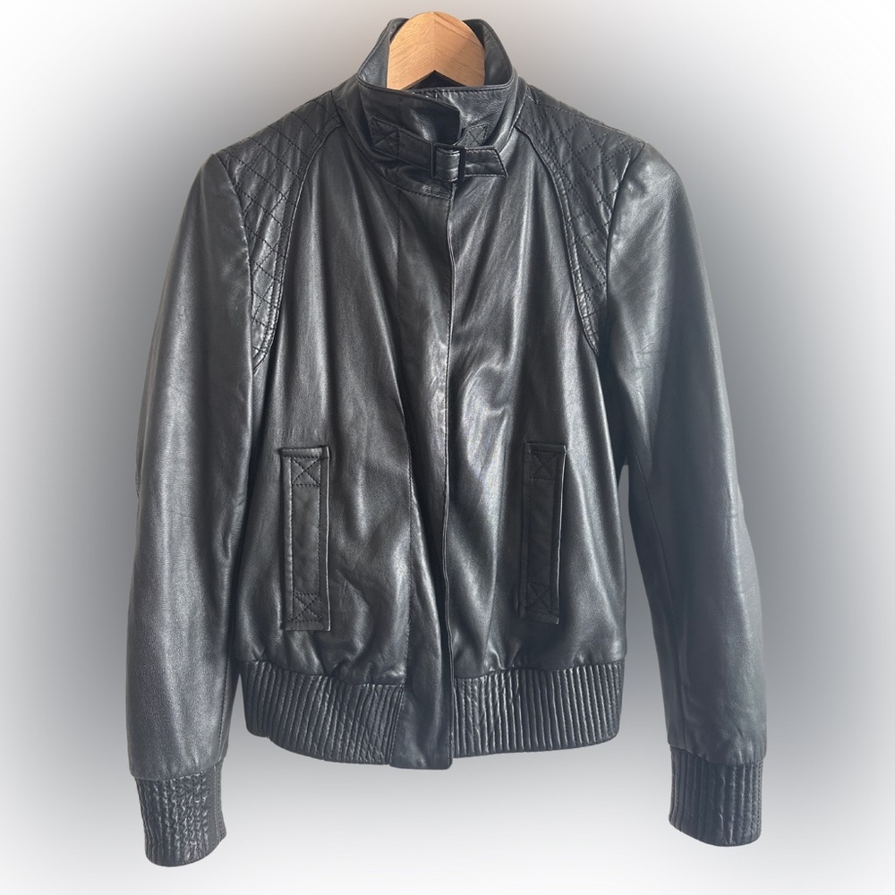 Drykorn Black Calf Leather Jacket with Quilted Shoulders